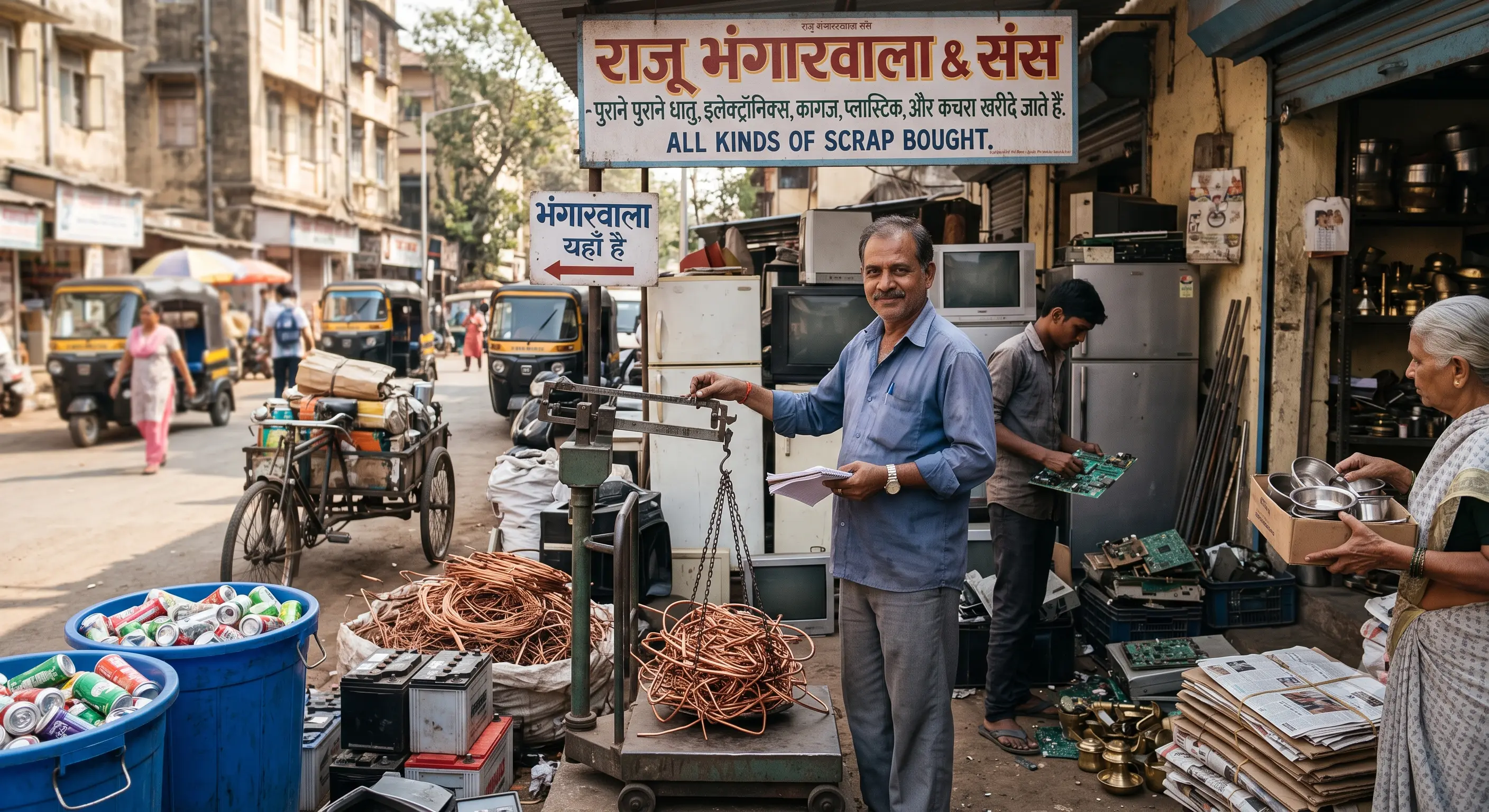 Local bhangarwala weighing household scrap and raddi during a doorstep pickup