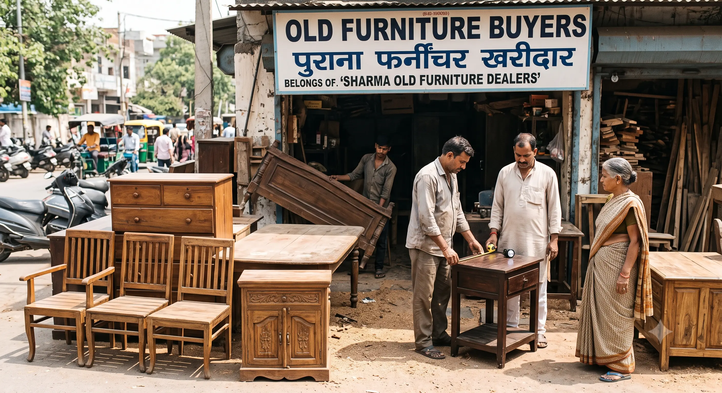 Old wooden sofa, chairs and almirah ready for pickup by local old furniture buyers