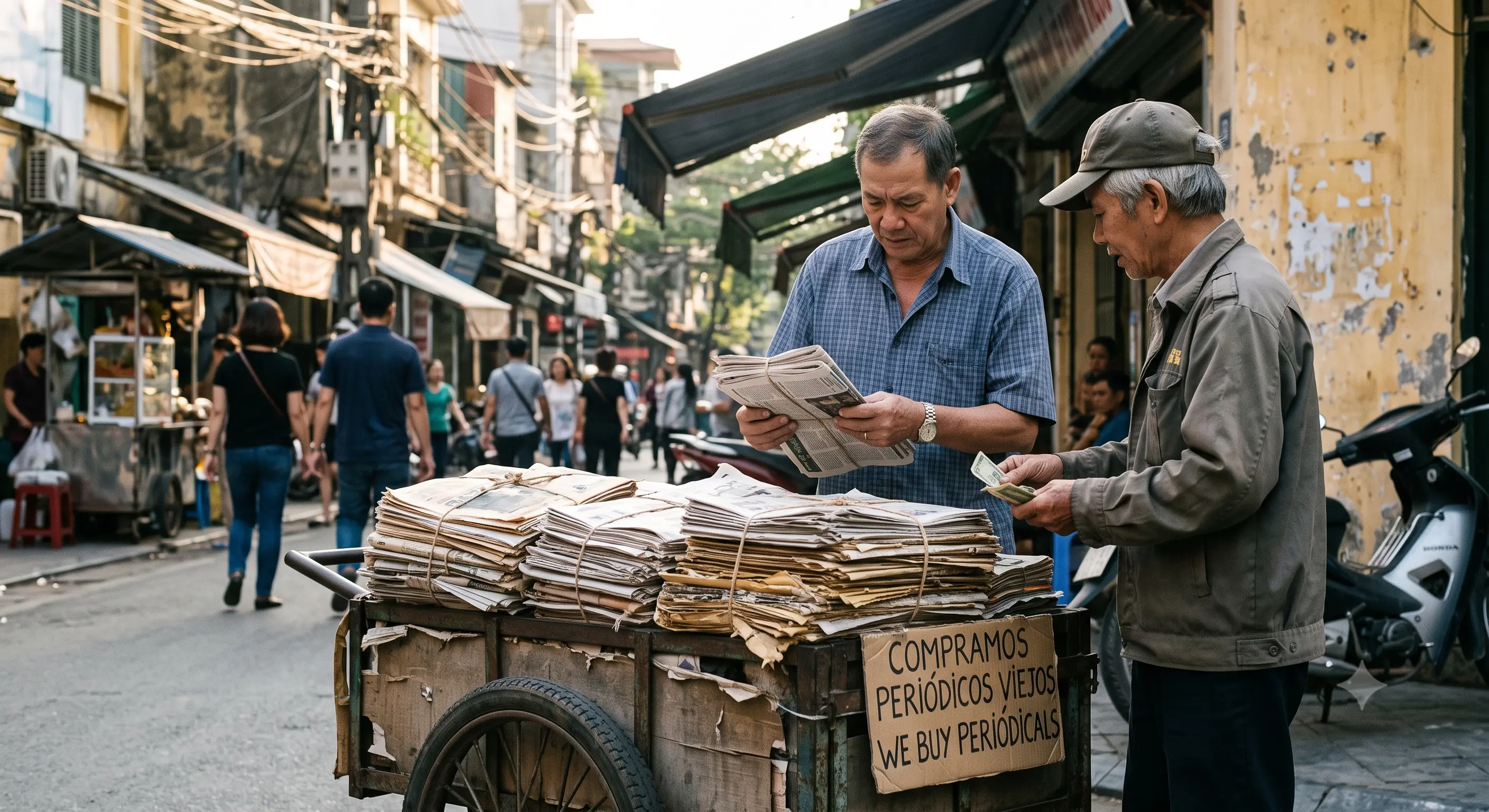 Neatly tied bundles of old newspaper ready to sell to a paper scrap buyer