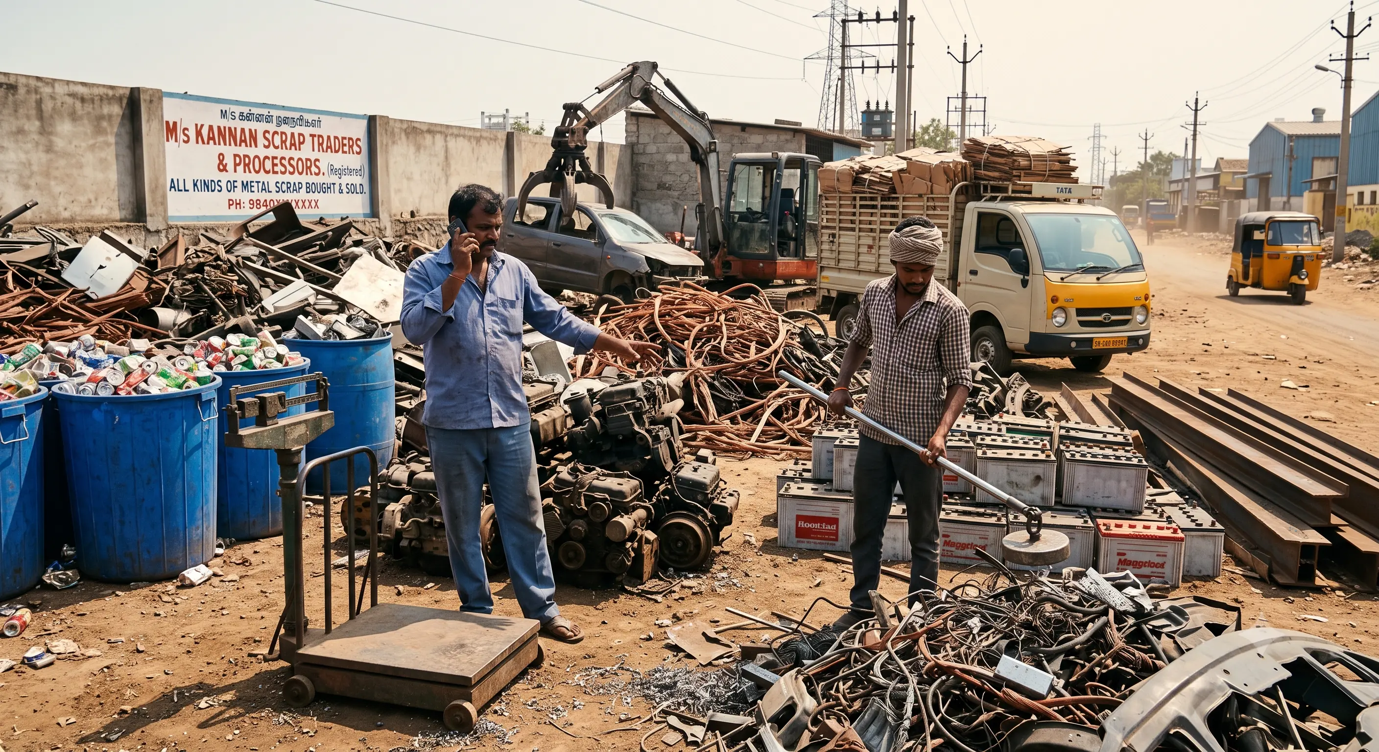 Local scrap dealer sorting metal and paper scrap at a collection point